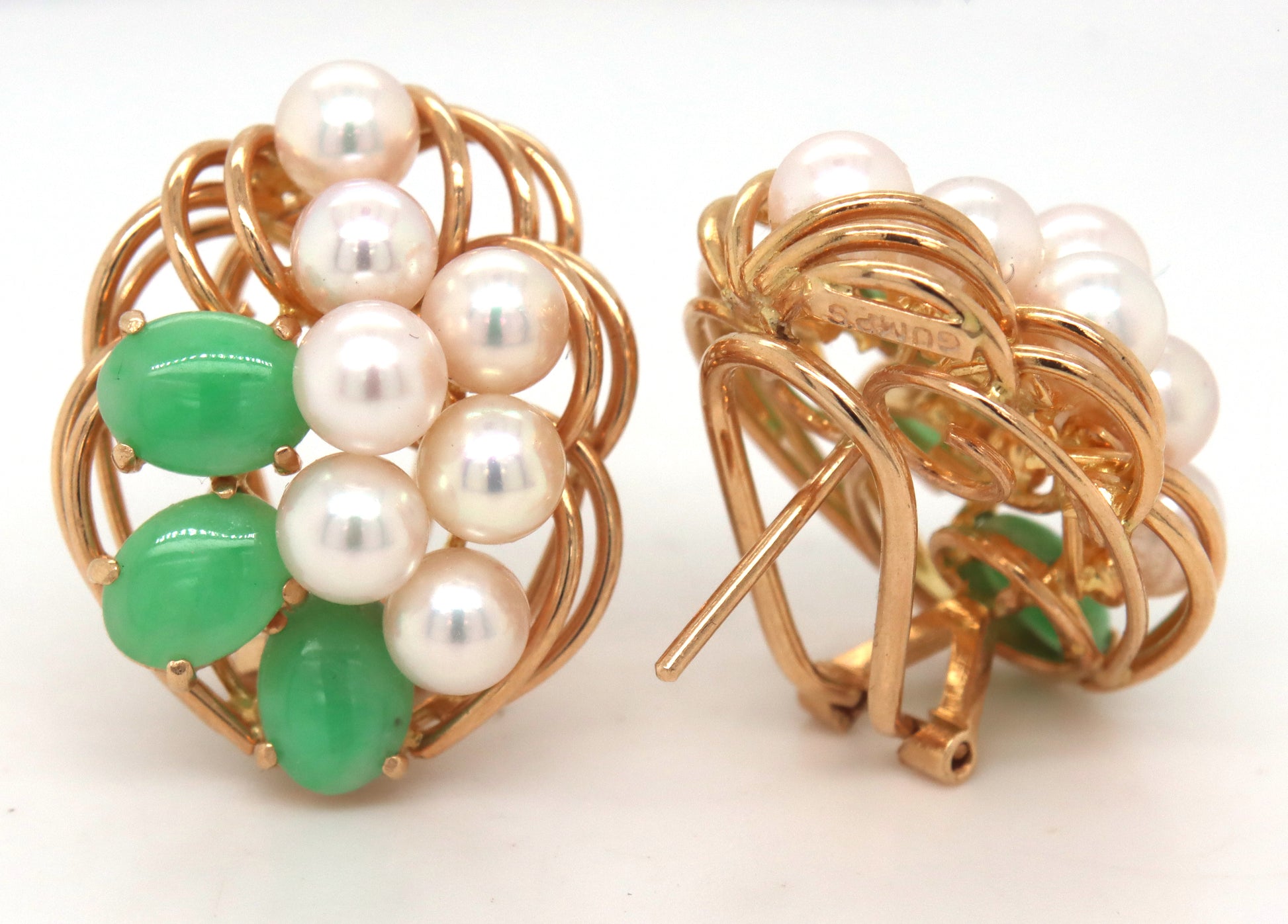 14kt Yellow gold white fresh water pearl and Jade earrings