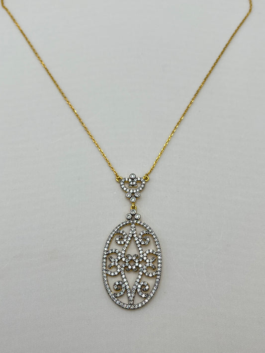 925 Gold Tone Sterling Silver Filigree Crystal Pendant With Chain Necklace