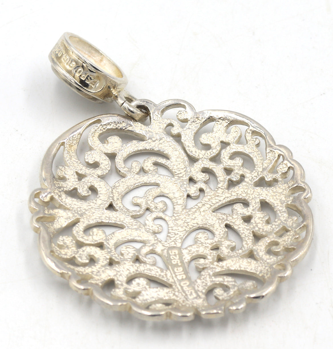 925 Sterling silver signed filigree round pendant