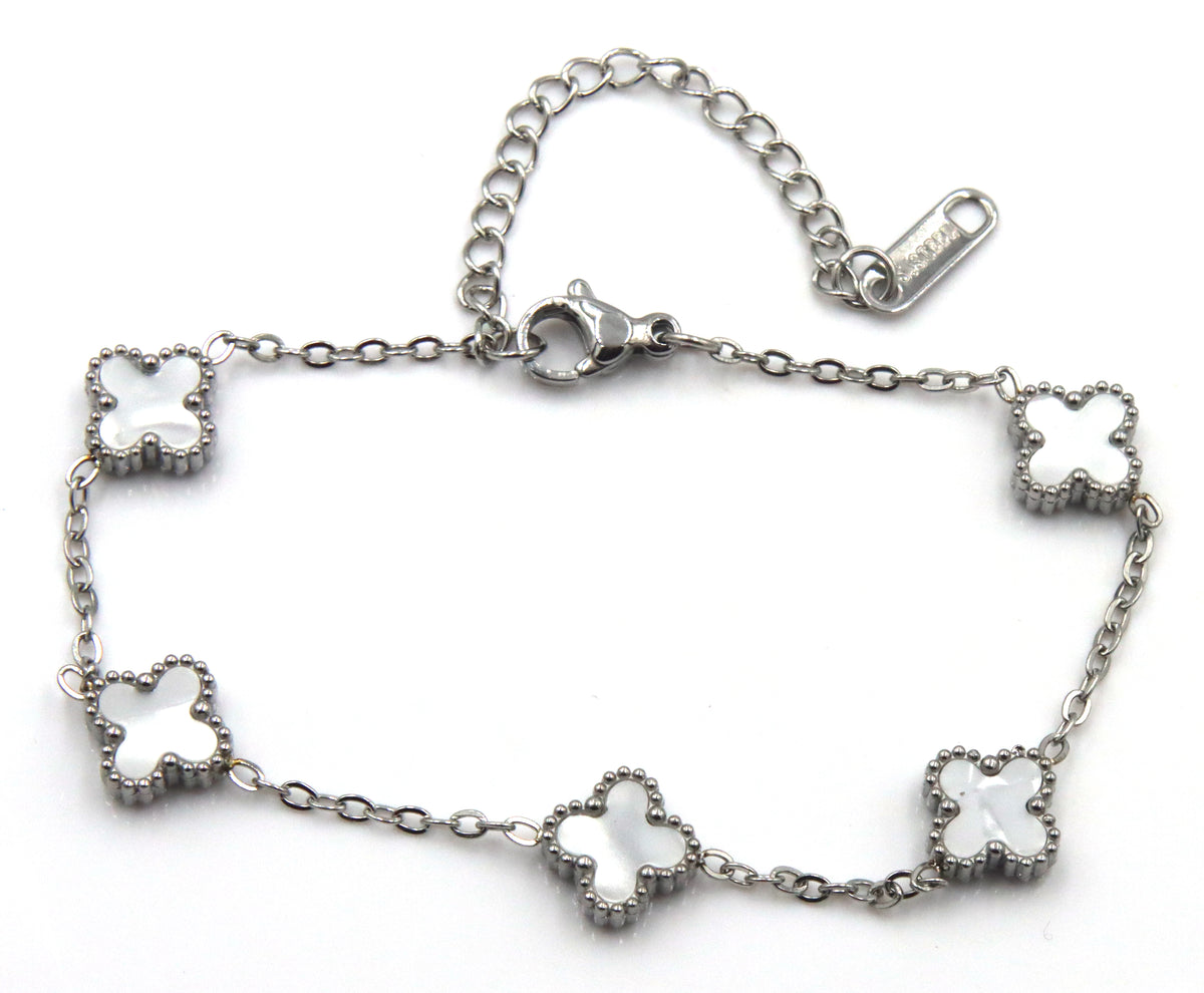 Stainless steel white stone clover station bracelet
