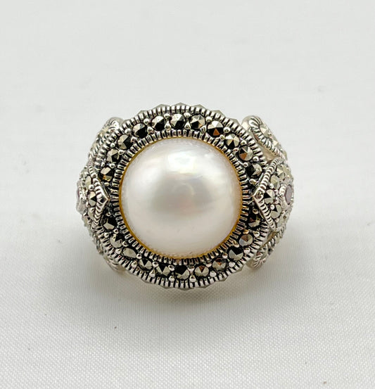 925 Sterling Silver Victorian Blister Pearl And Faceted Marcasite Ring