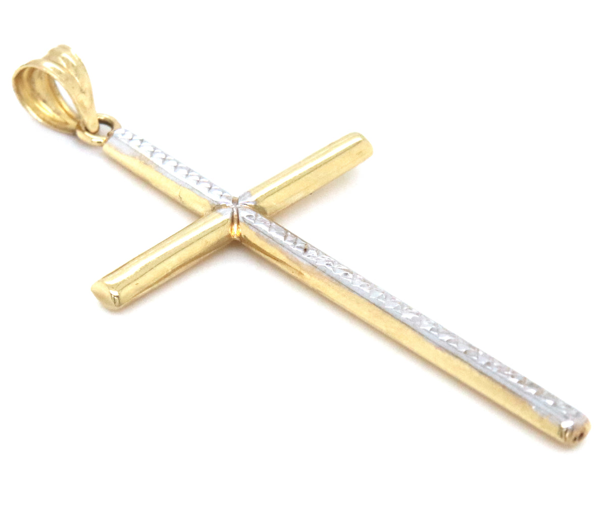 14kt Two tone gold diamond cut cross pendant