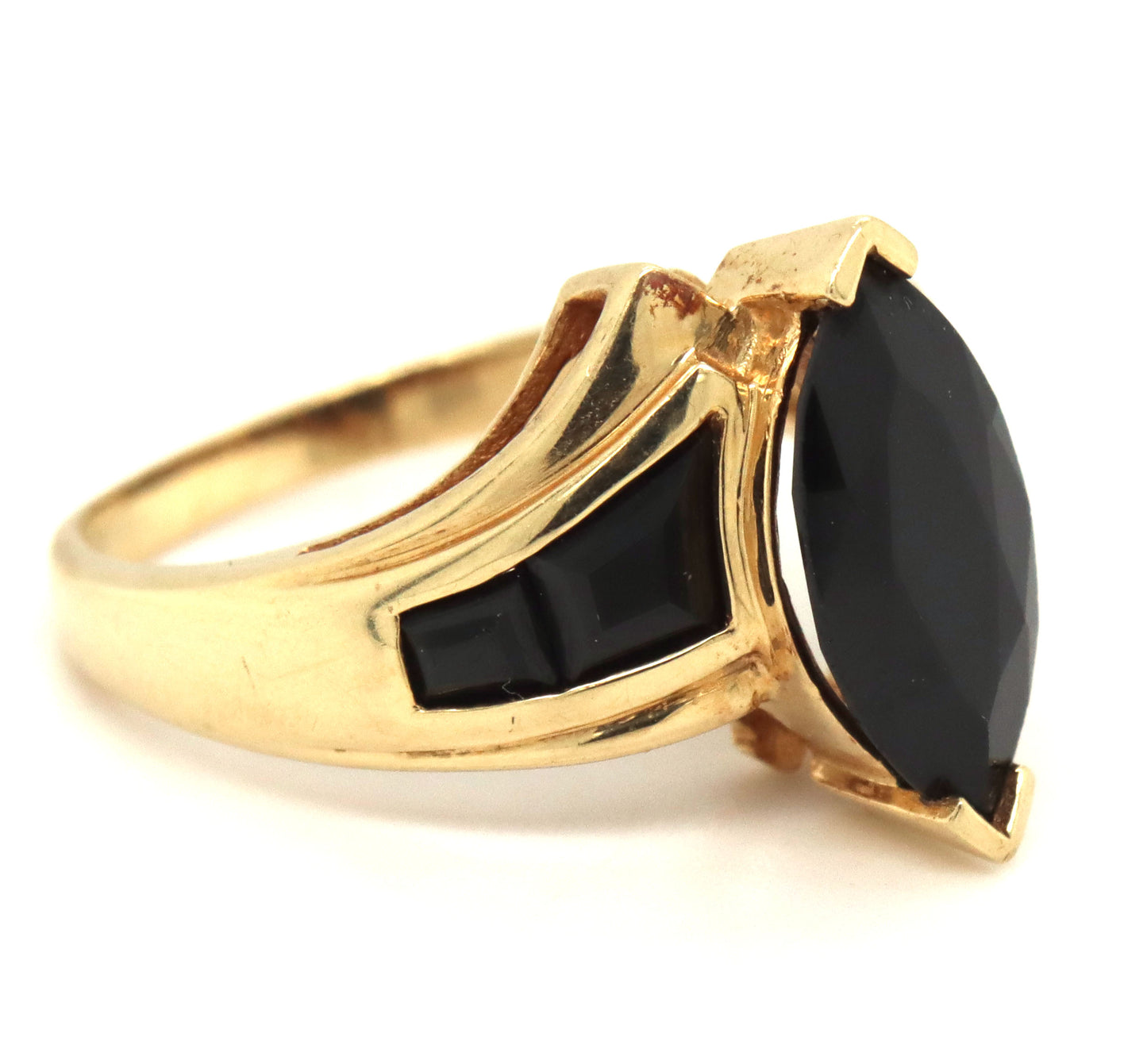 14kt Yellow gold marquise and baguette black onyx ring
