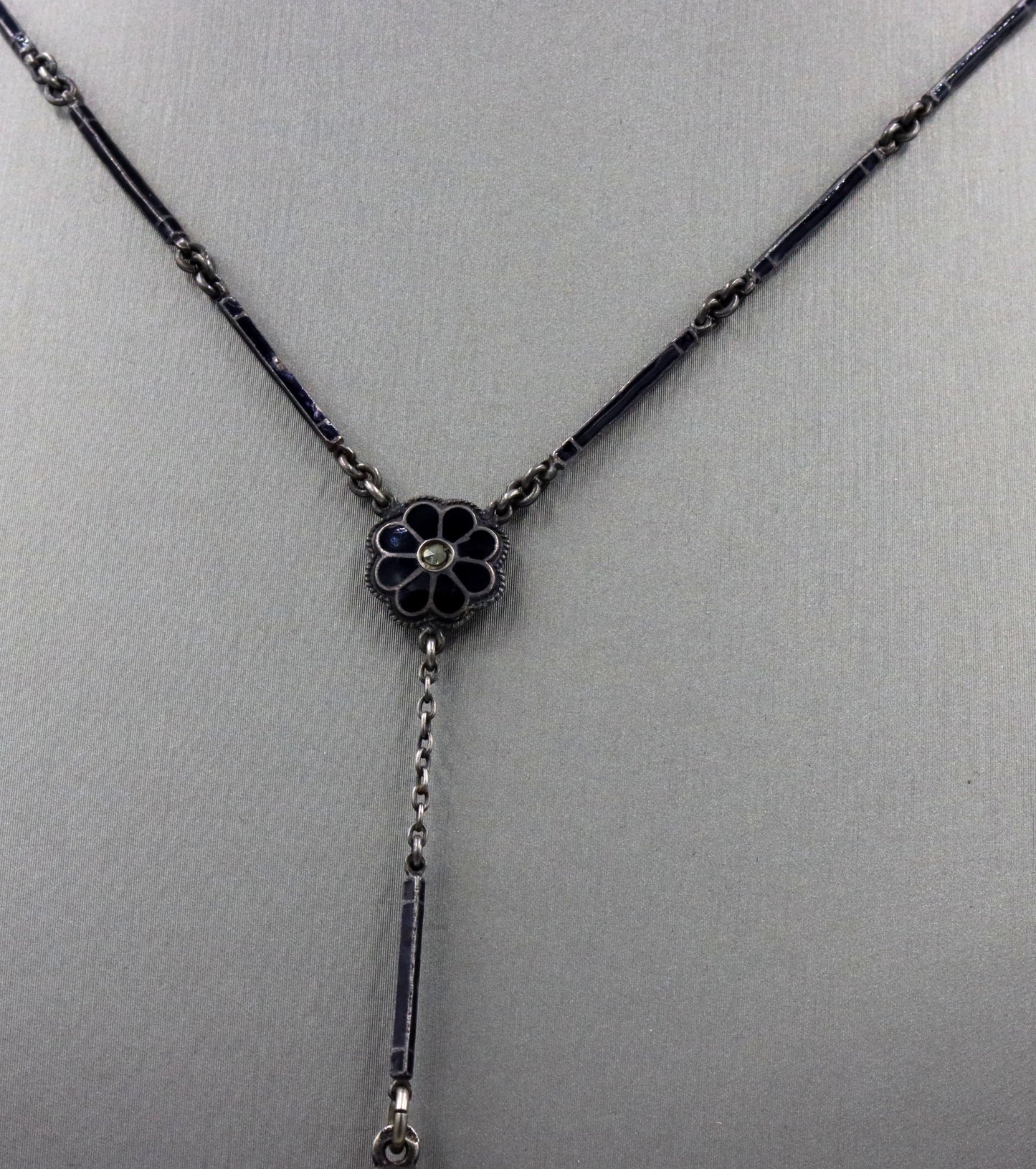 Vintage 925 sterling silver black onyx photo locket pendant lariat necklace