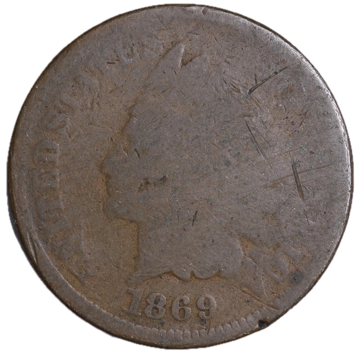 1869 Indian Head Cent AG (About Good) Full Date, Copper Penny