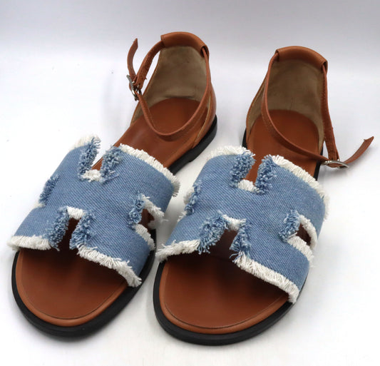 Hermes Santorini sandals in blue denim