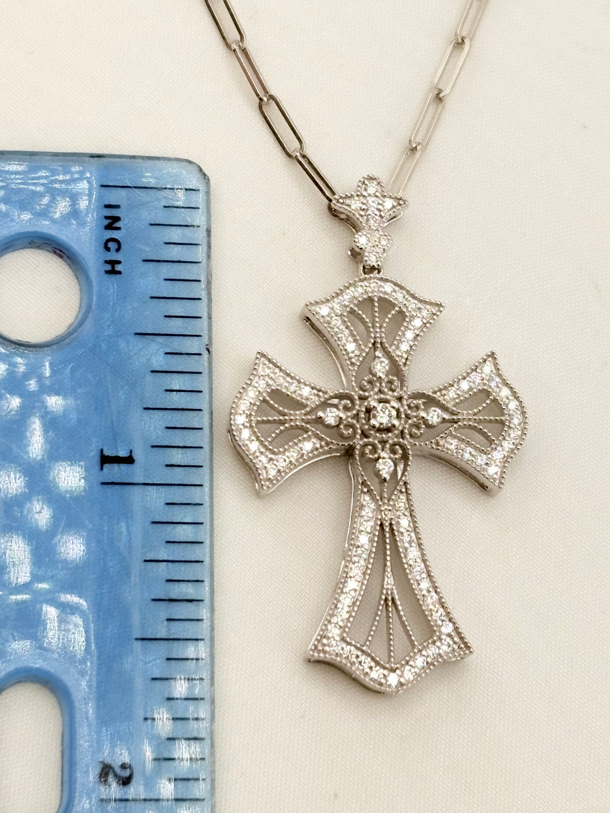 14KT White Gold Ornate Gothic Natural Diamond Pave Cross With Beautifil Paper Clip Chain Necklace
