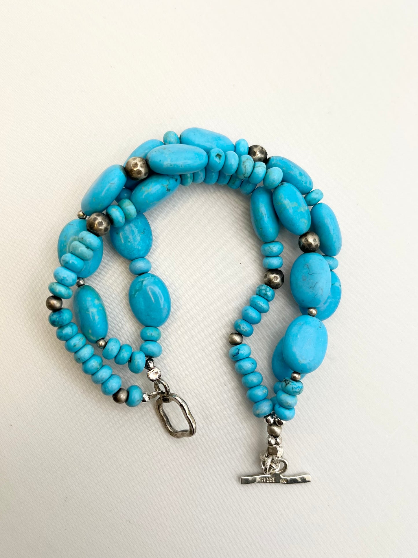 925 Sterling Silver Multi Strands Turquoise Beads With Silver Ball Accent Bracelet