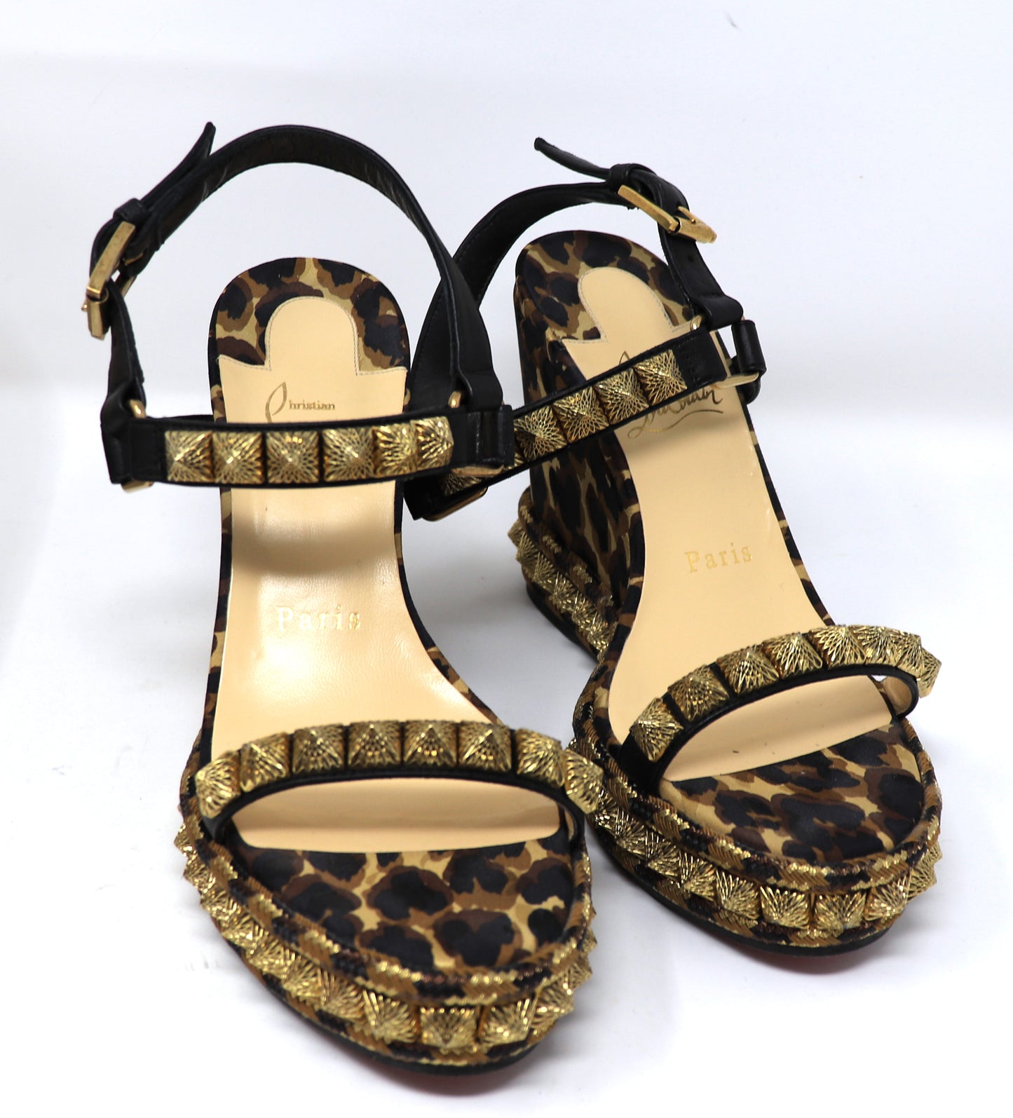 Christian Louboutin Nappa Silk Leopard Pira Ryad 110 Wedge Sandals 36 Black Marron