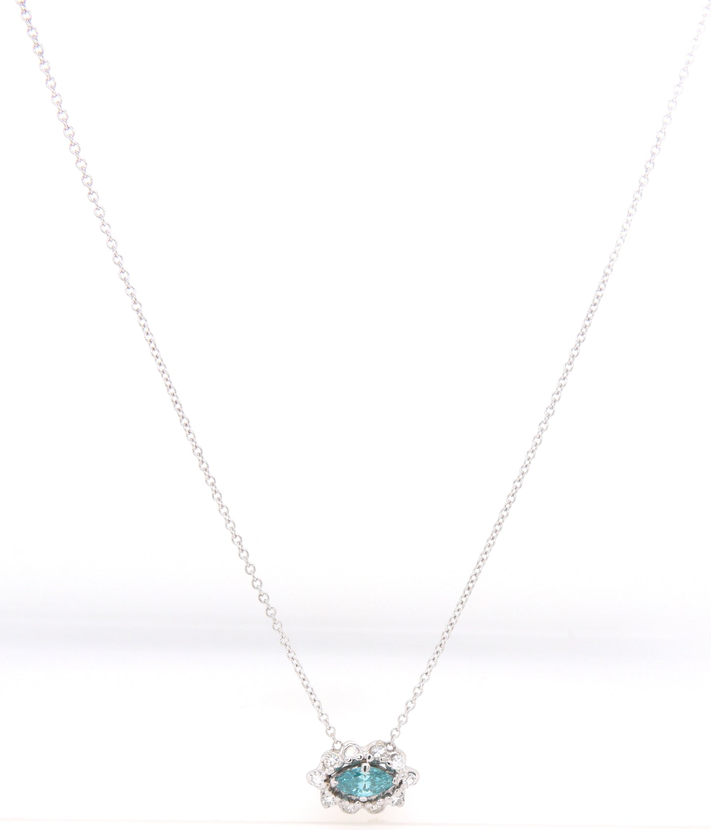 14kt White gold IR Teal and diamond necklace