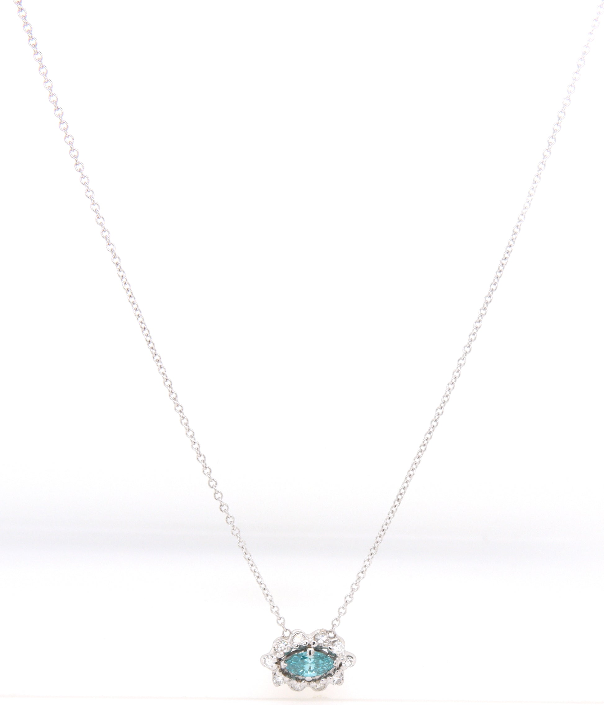 14kt White gold IR Teal and diamond necklace