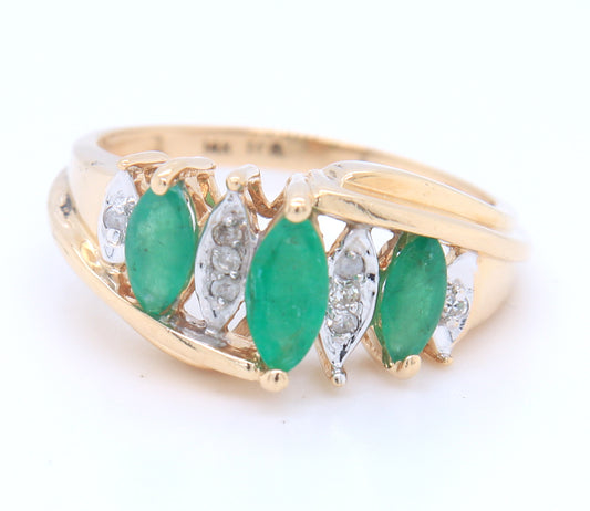 Gorgeous Yellow Gold Marquise Emerald and Diamond Dome Cocktail Ring