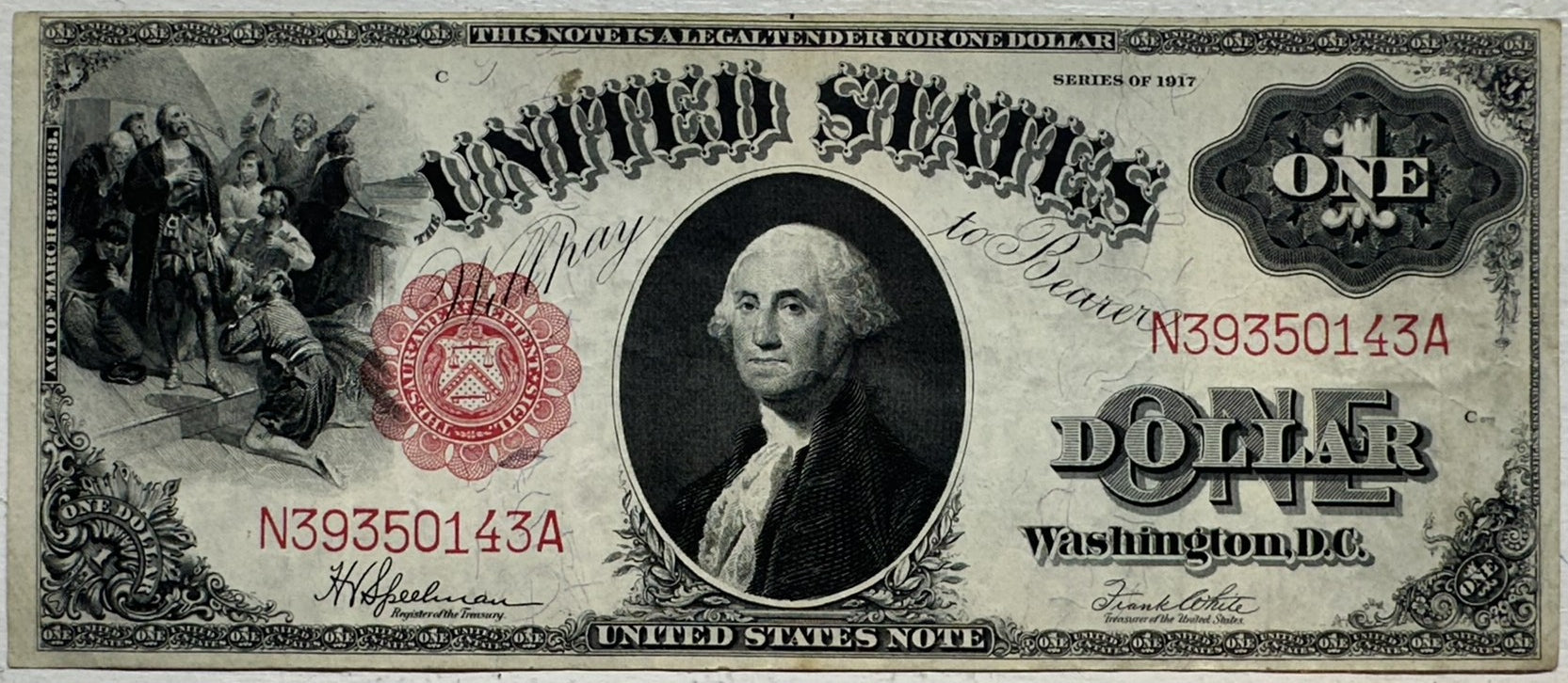 1917 $1 Legal Tender Fr. 36 Sawhorse Note Teehee Burke Red Seal Fine to Very Fine