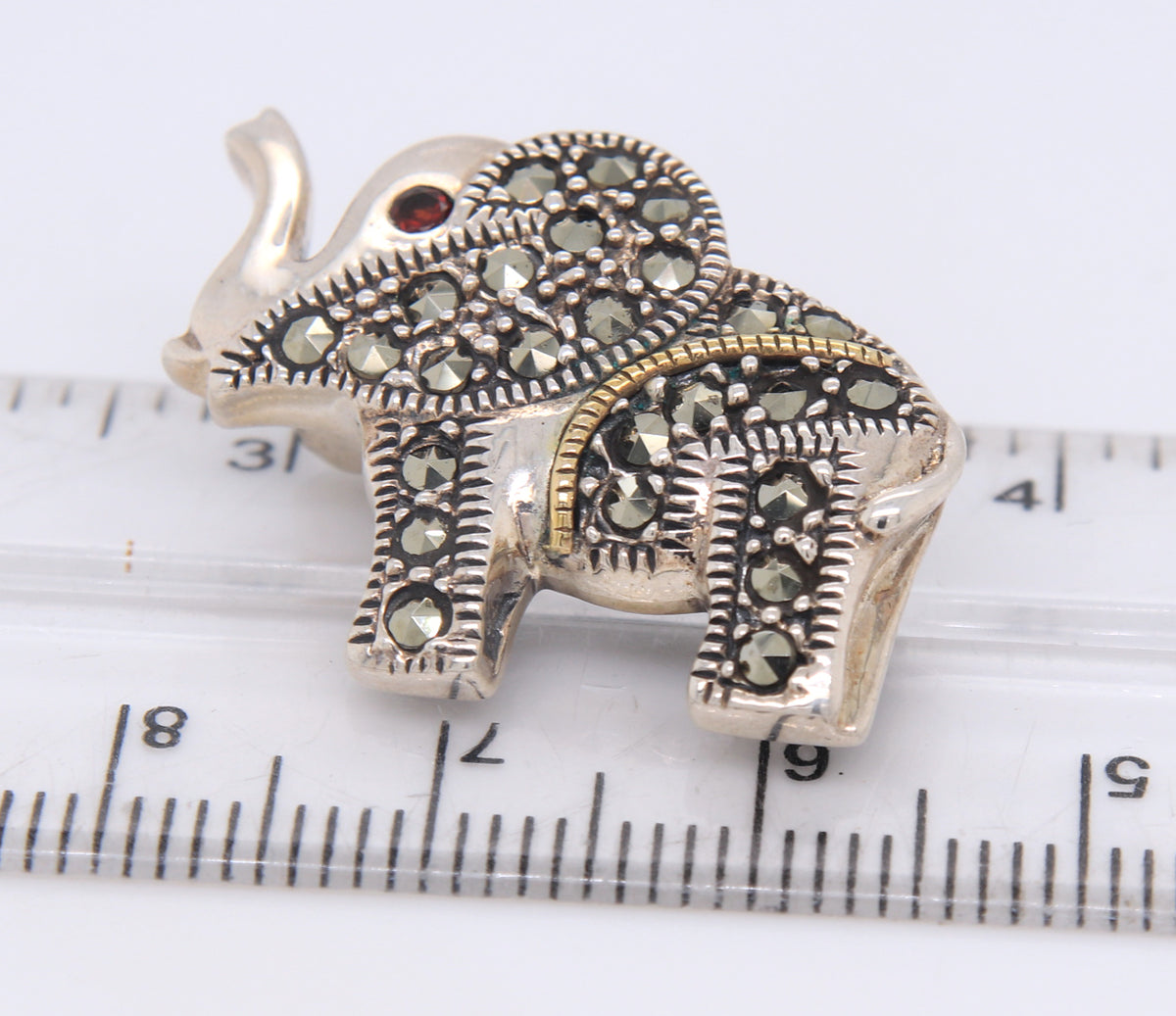 925 Sterling Silver Marcasite Elephant Brooch with Ruby Eye