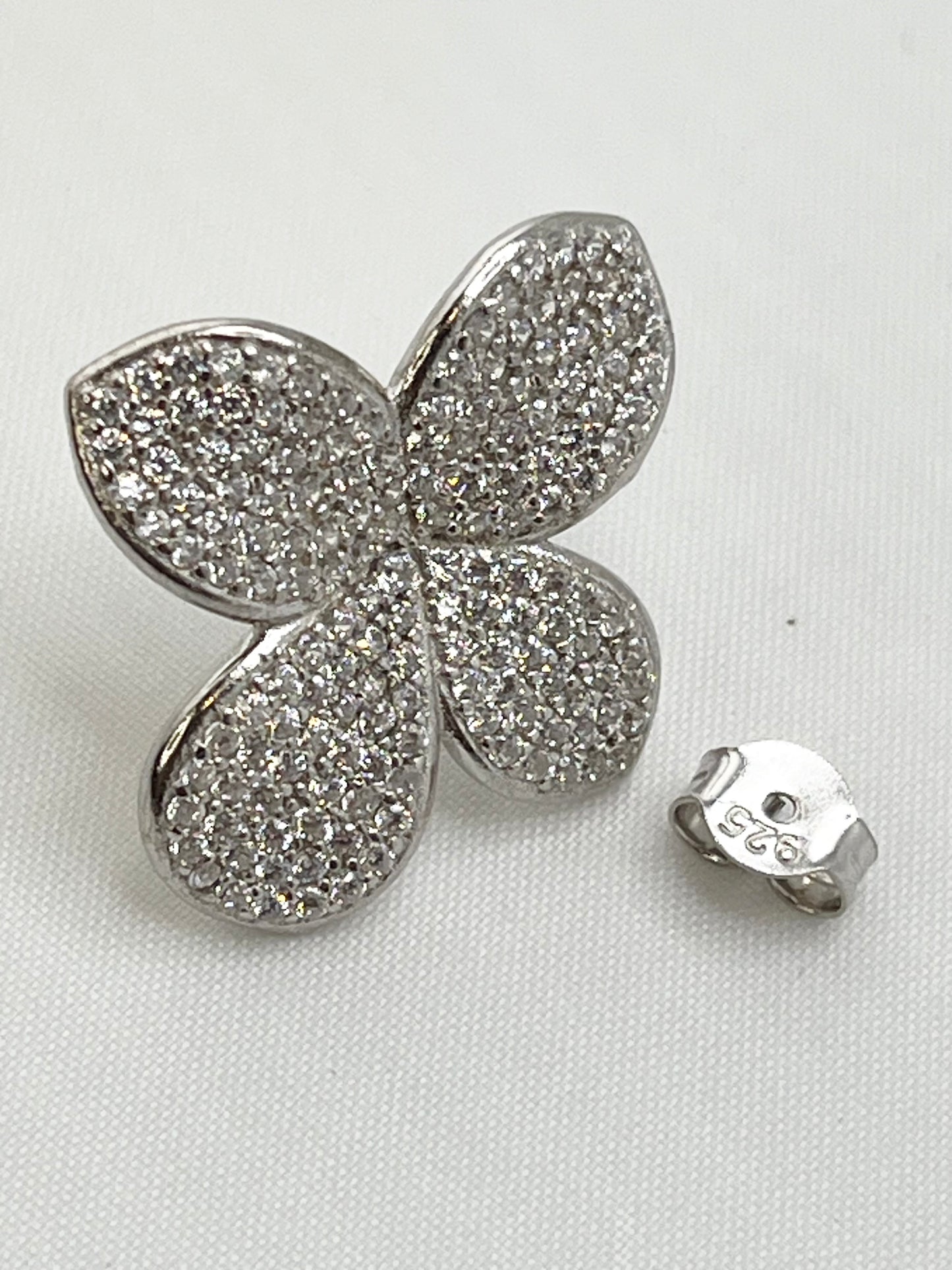 925 Sterling Silver Crystal Pave Four Petal Floral Motif Earrings