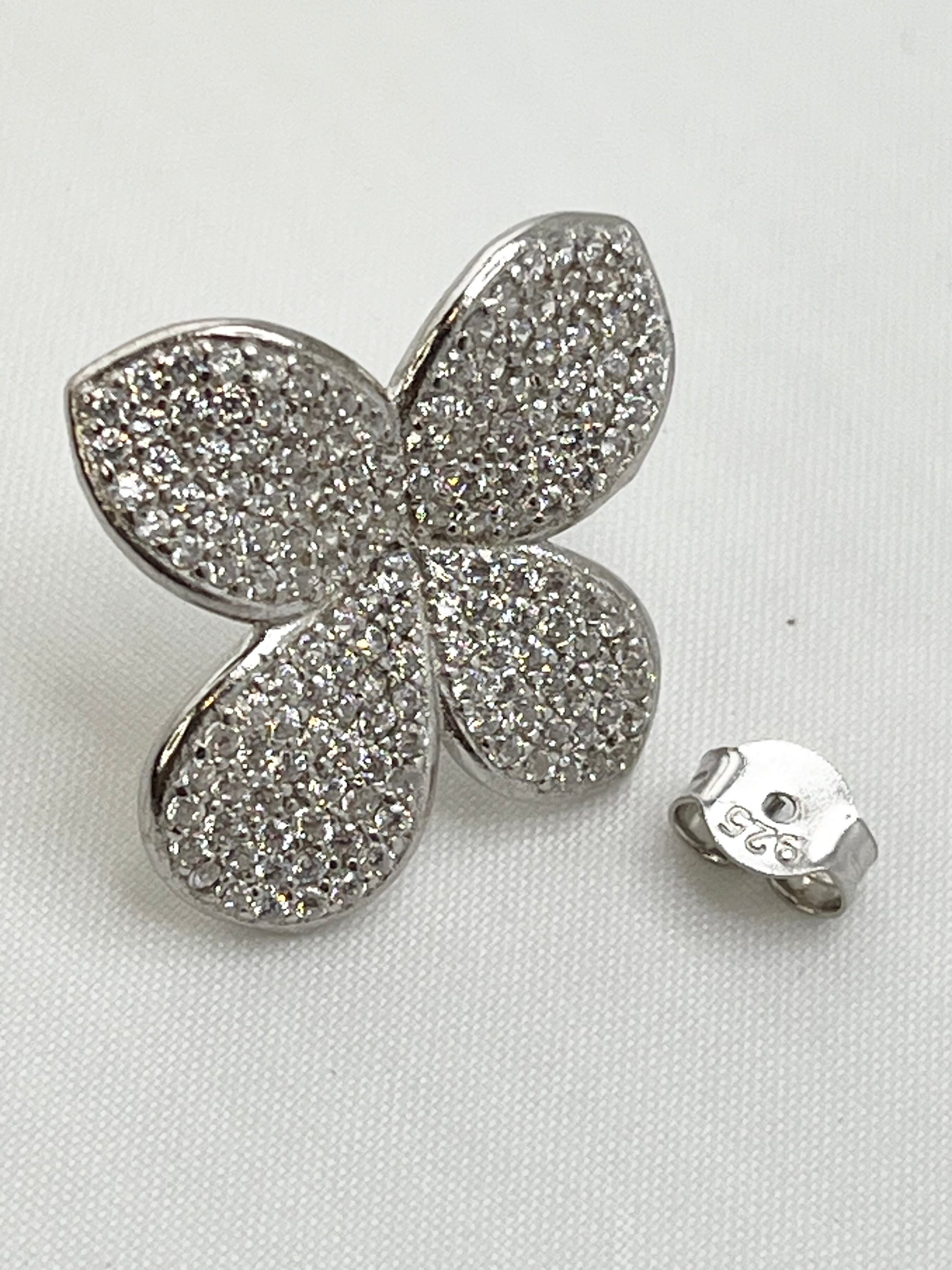 925 Sterling Silver Crystal Pave Four Petal Floral Motif Earrings