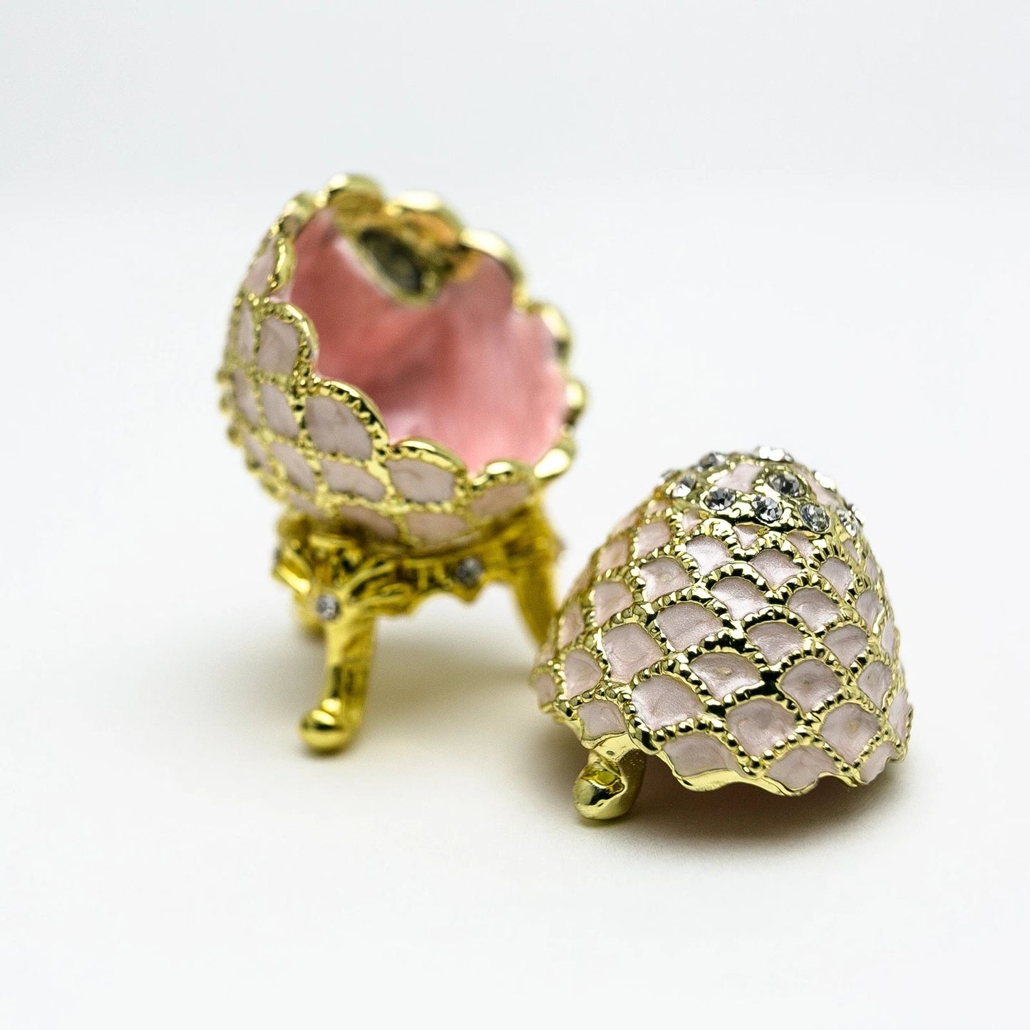 Hand-Painted Golden Pink Enamel Egg Trinket Box with Crystal Accents