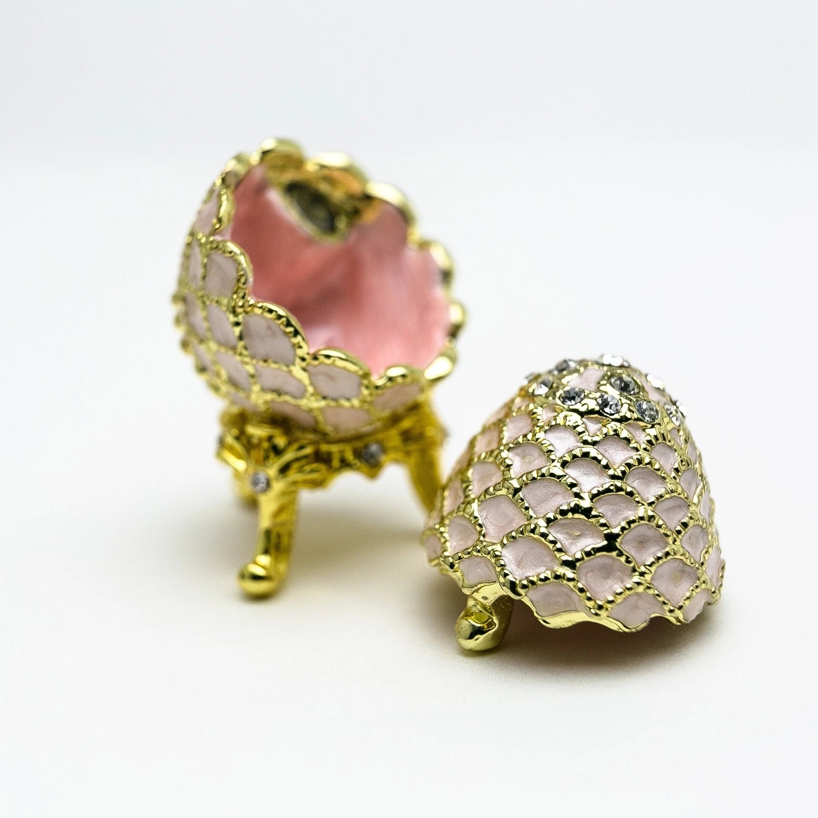Hand-Painted Golden Pink Enamel Egg Trinket Box with Crystal Accents