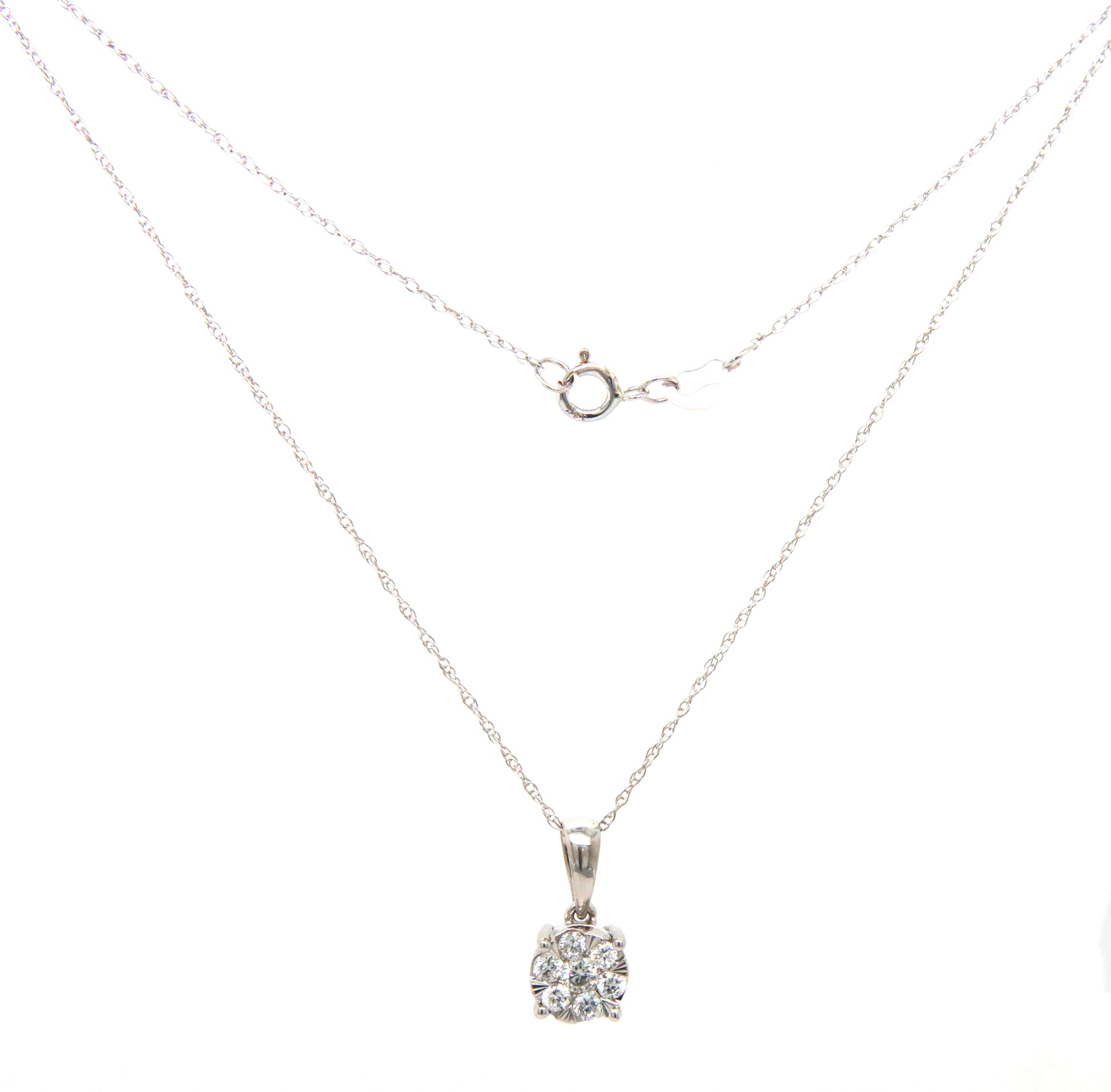 14kt White gold diamond cluster flower pendant on chain