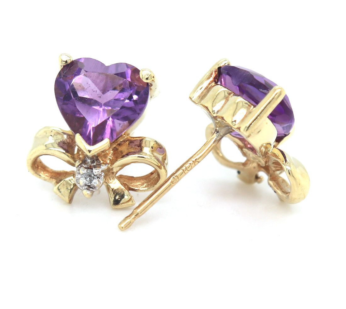 10kt Yellow gold heart amethyst and diamond bow stud earrings