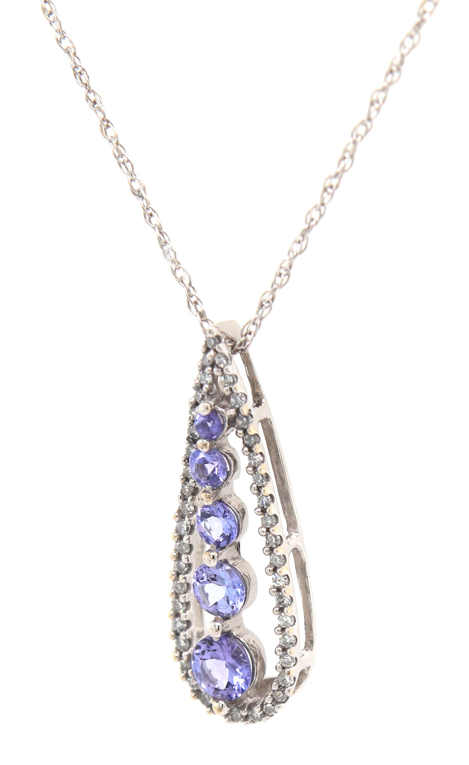 14kt White gold Tanzanite and diamond pendant on chain