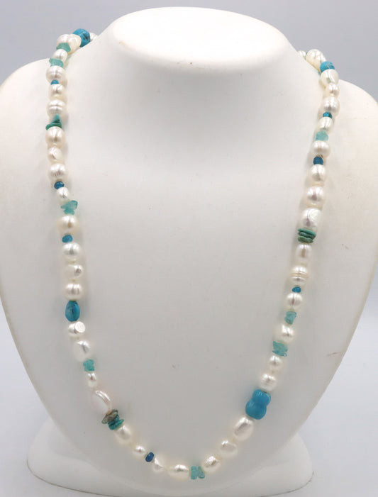 Pearl and turquoise strand necklace