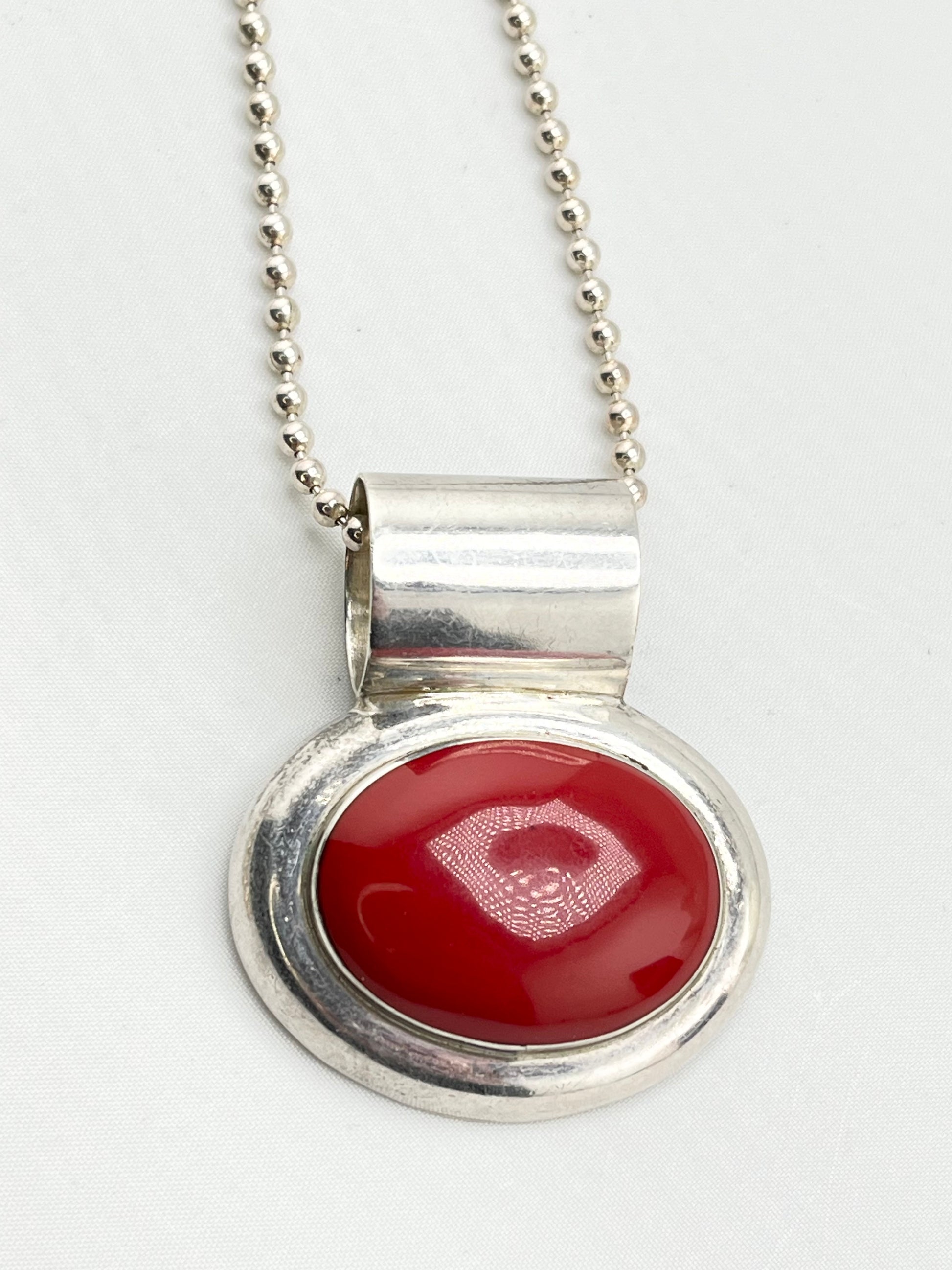 Mexican 925 Sterling Silver Large Oval Red Jasper With Silver Ball Chain