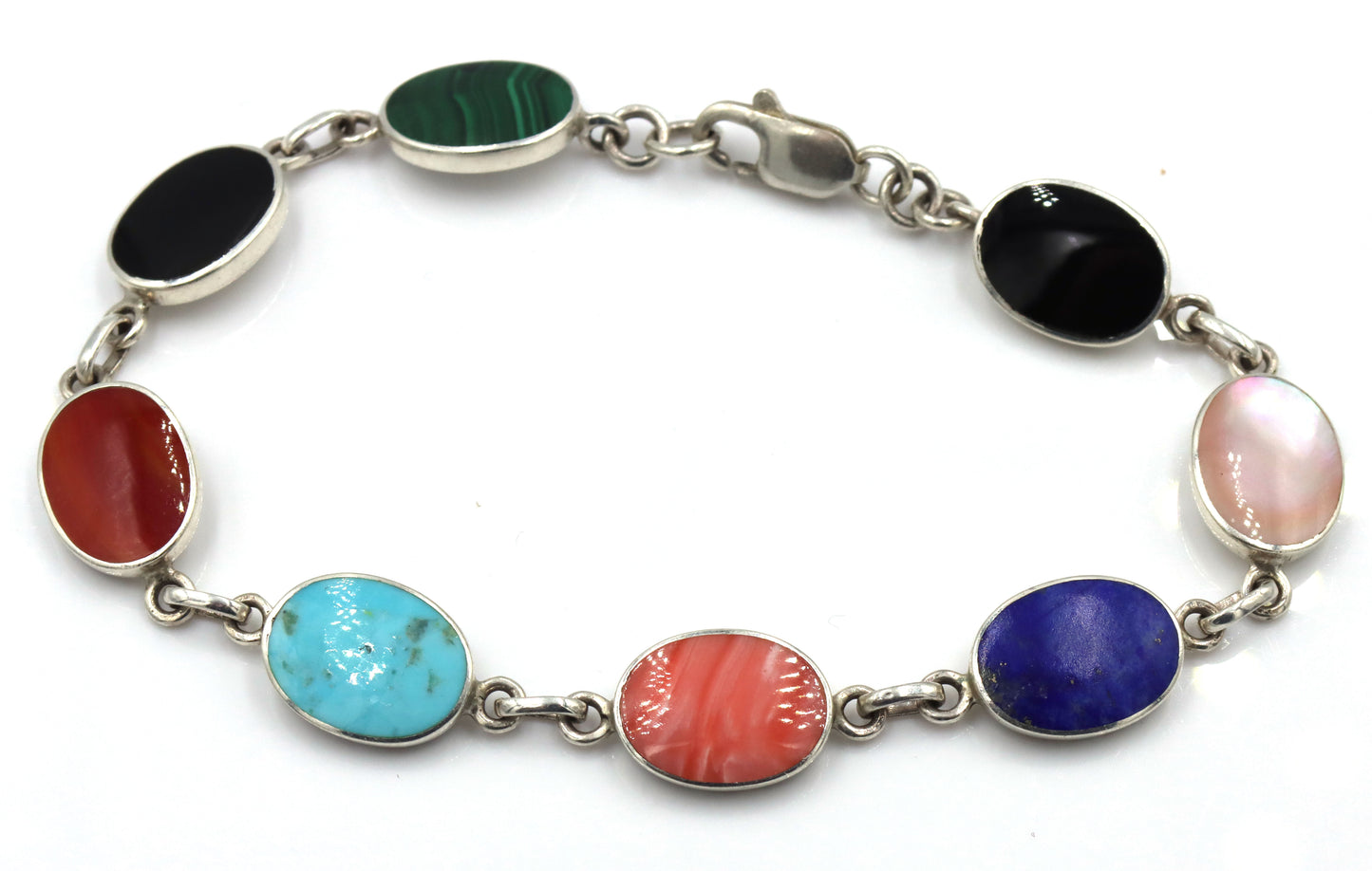 925 Sterling silver signed multi color gemstone link bracelet