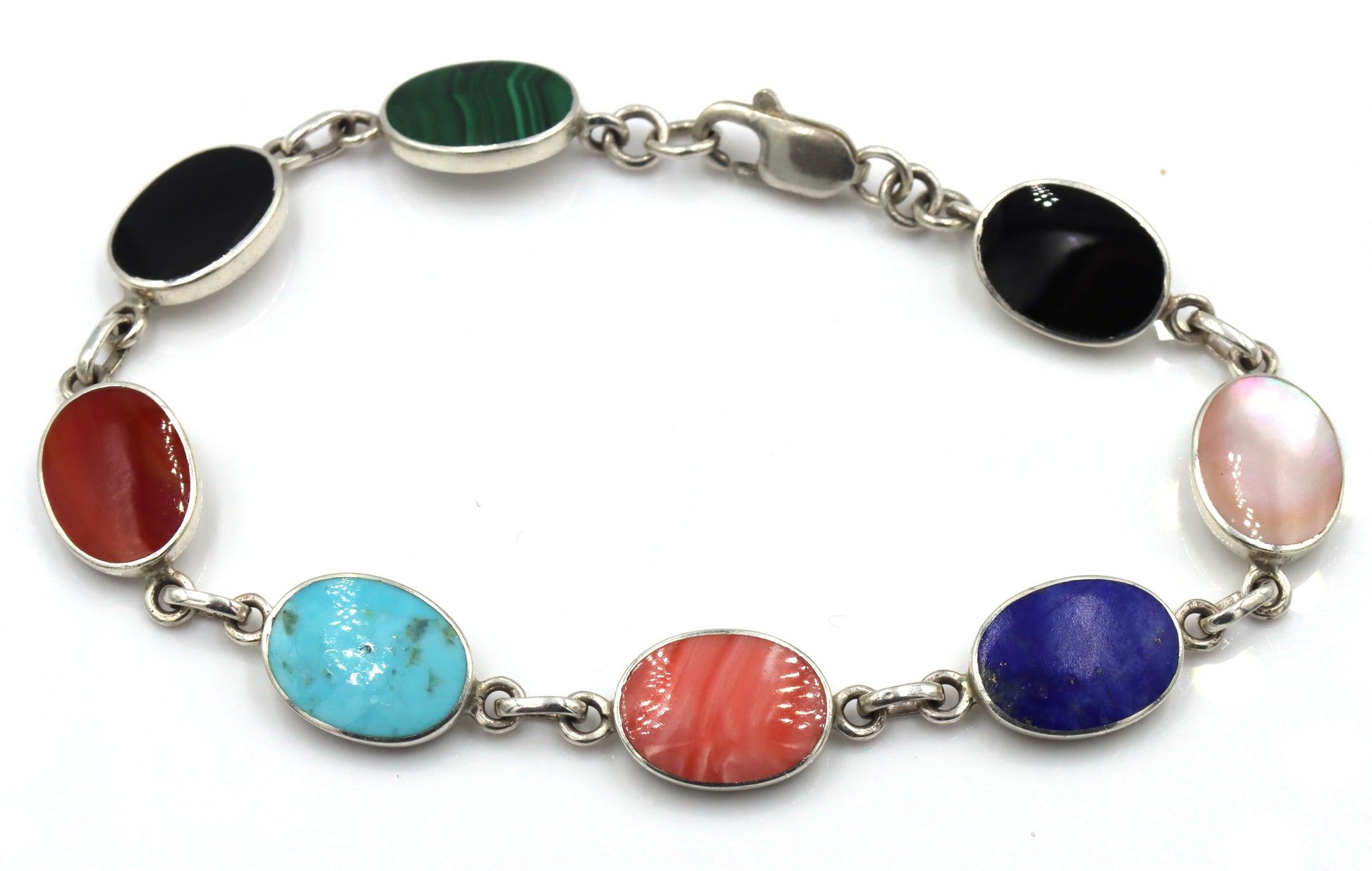 925 Sterling silver signed multi color gemstone link bracelet