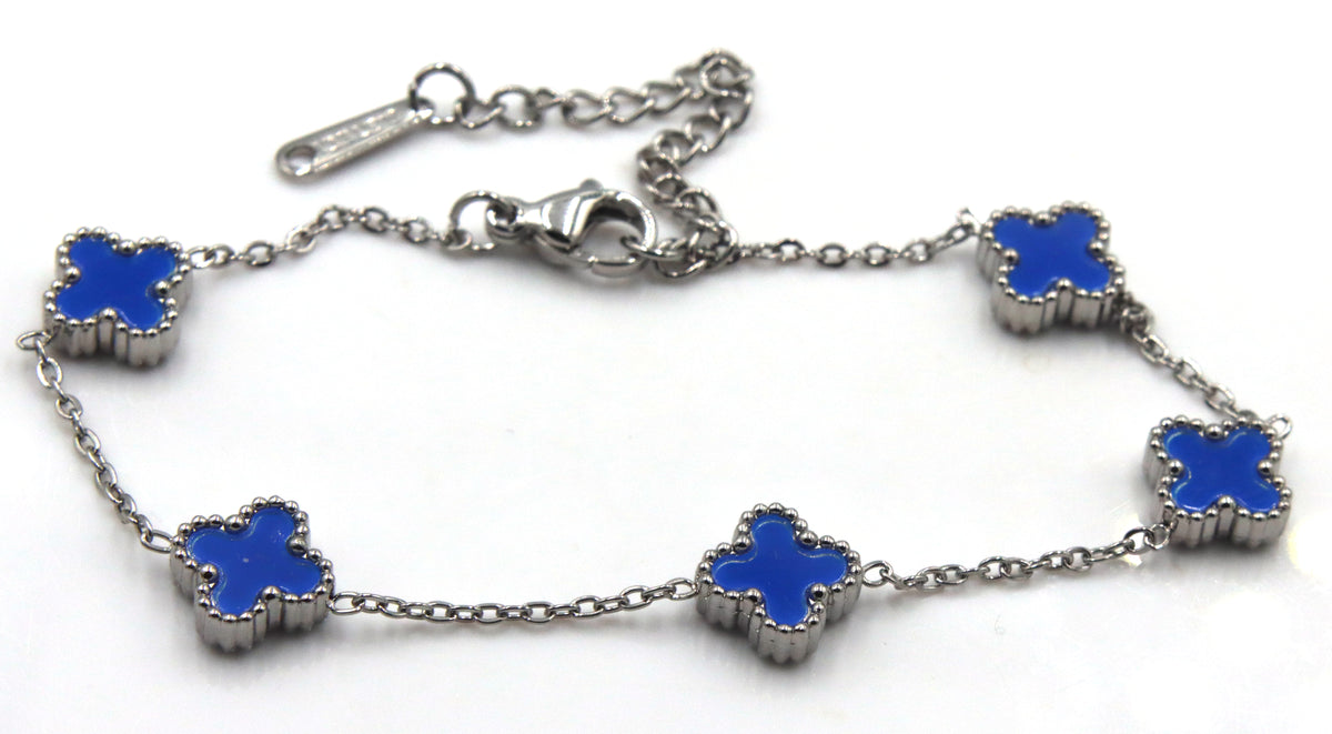 Stainless steel blue stone clover station bracelet