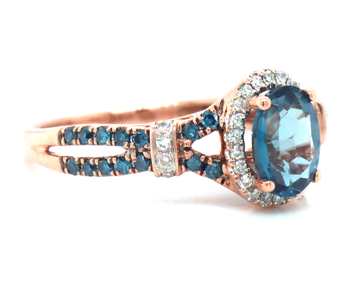 10kt Rose gold oval topaz, IR blue diamond and white diamond double halo ring