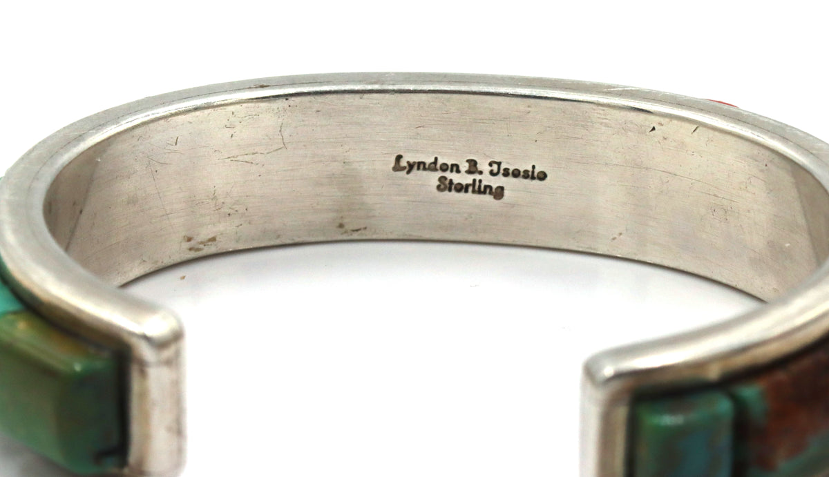 Lyndon B. Tsosie 925 Sterling Silver Vintage Tufacast Turquoise Coral And Jet Cuff Bracelet