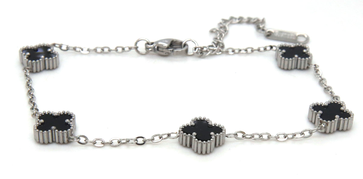 Stainless steel black stone clover bracelet