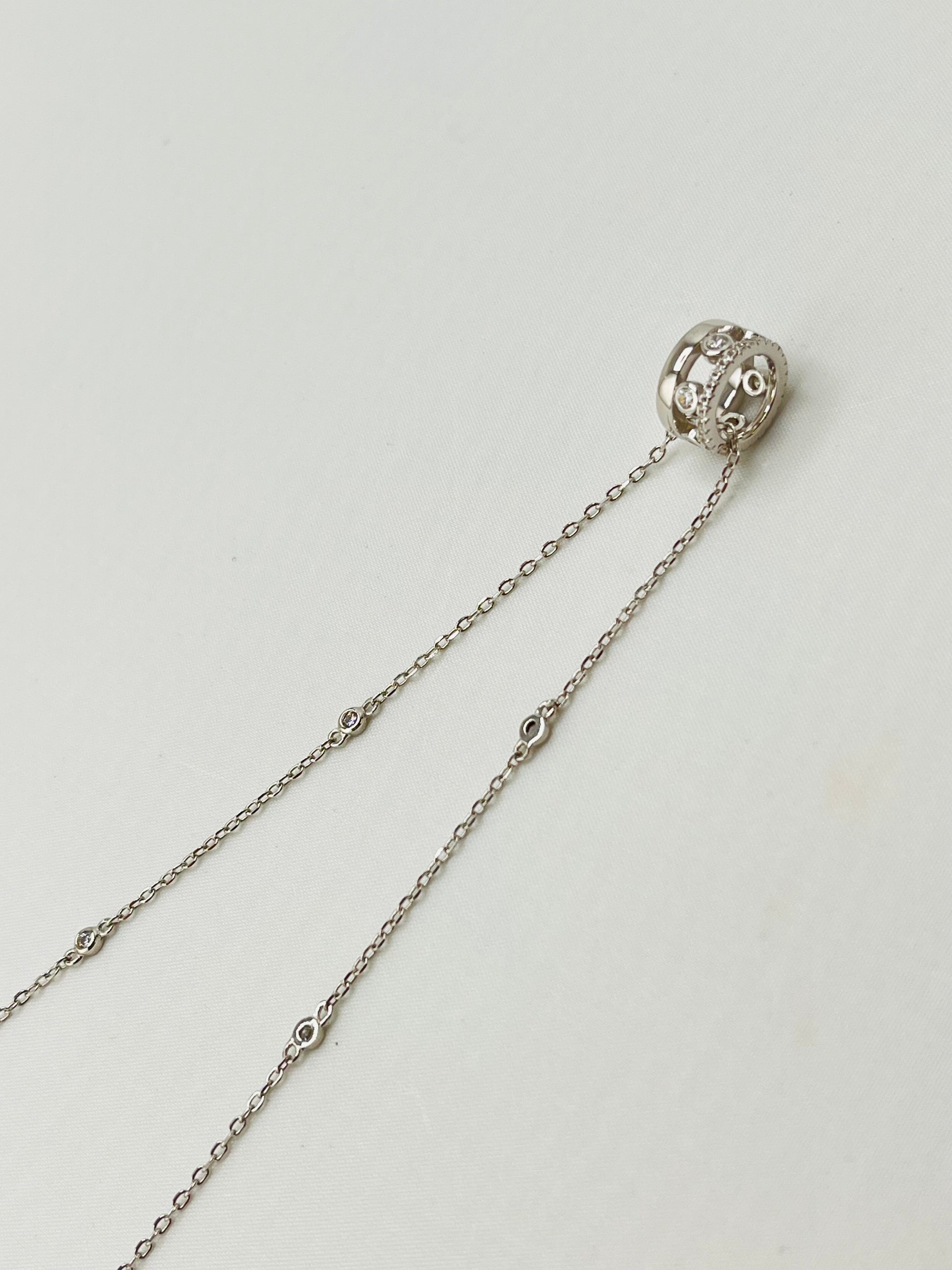 925 Sterling Silver Interlocking Circle With CZ Details Pendant And CZ Station Chain Necklace
