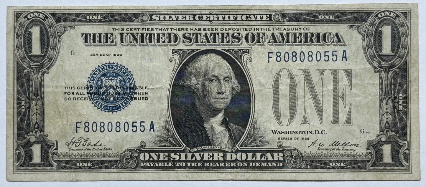 1928 $1 Silver Certificate (Funny Back) Fr. 1601 Blue Seal Circulated Example