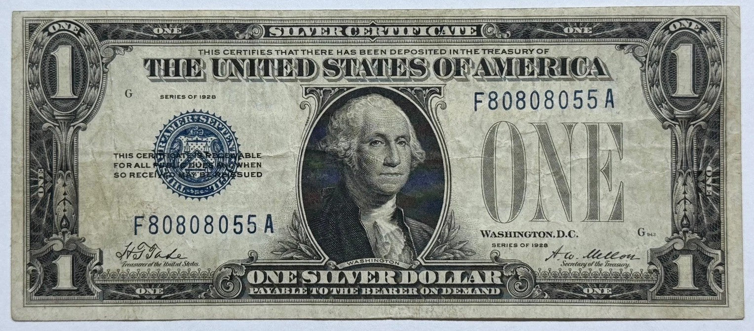 1928 $1 Silver Certificate (Funny Back) Fr. 1601 Blue Seal Circulated Example