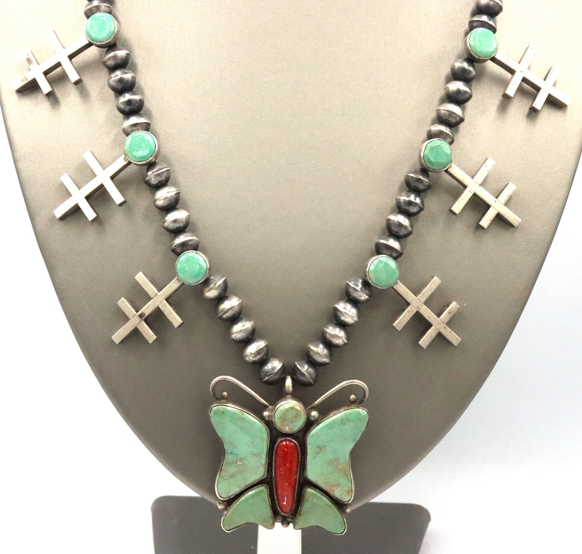 925 Sterling Silver Oscar Alexius Old Style Amertican Native Turquoise Butterfly Necklace