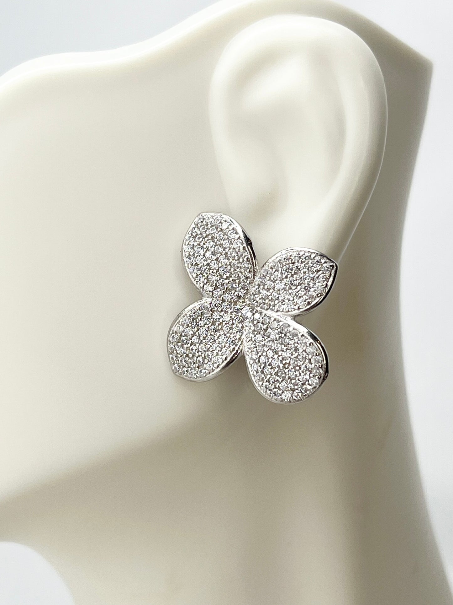 925 Sterling Silver Crystal Pave Four Petal Floral Motif Earrings