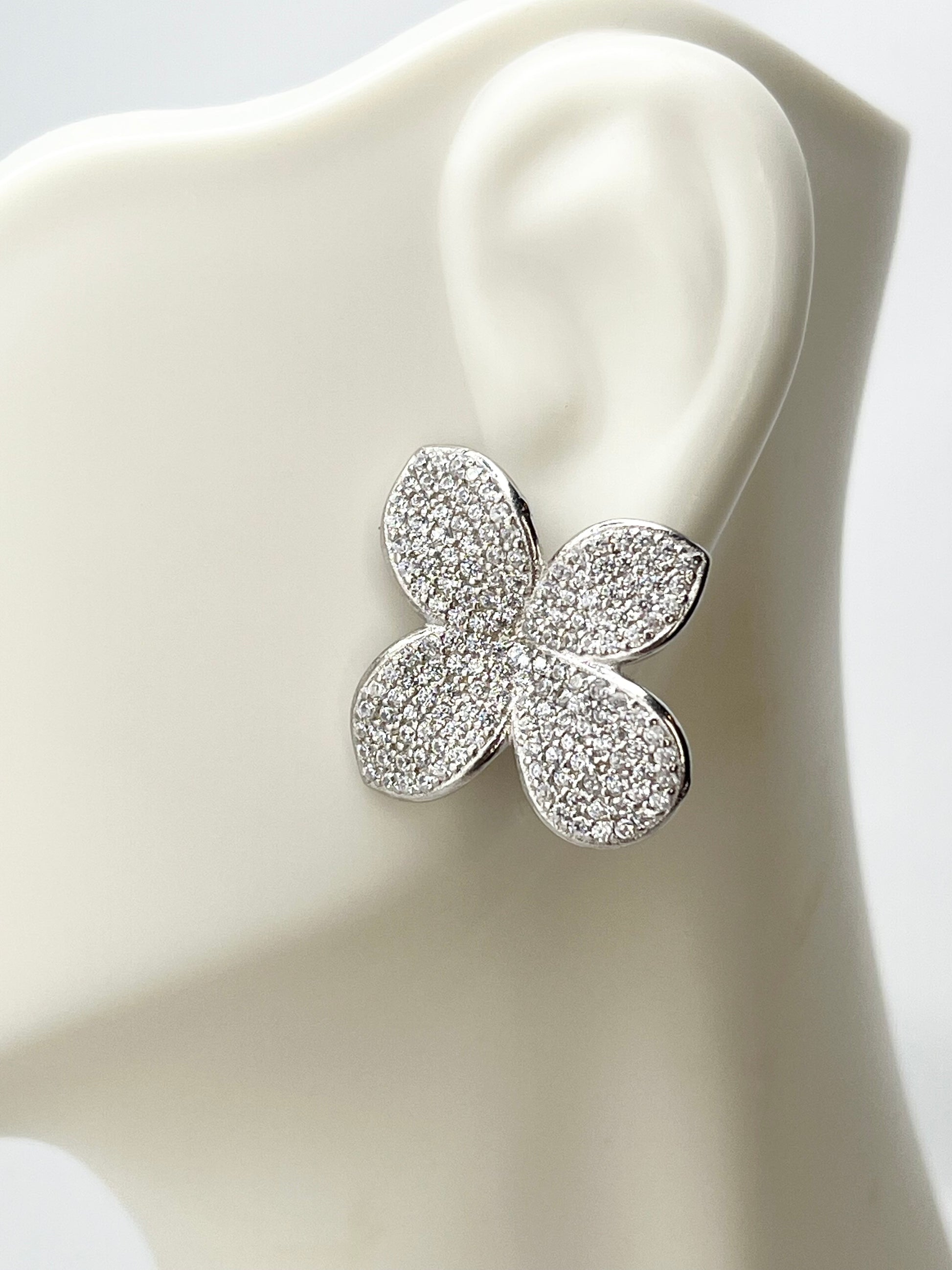 925 Sterling Silver Crystal Pave Four Petal Floral Motif Earrings