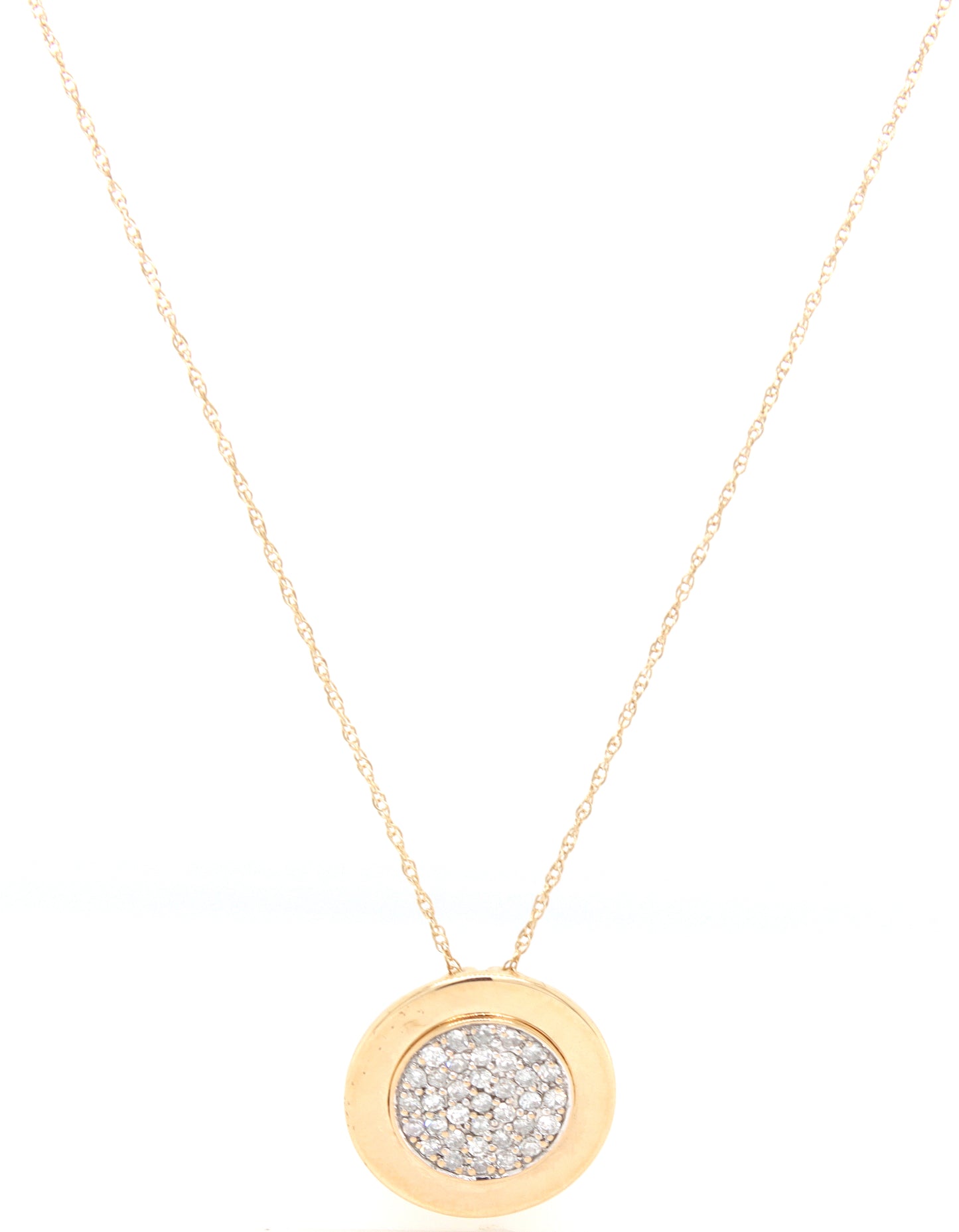 14kt Yellow gold pave diamond disk pendant on chain necklace