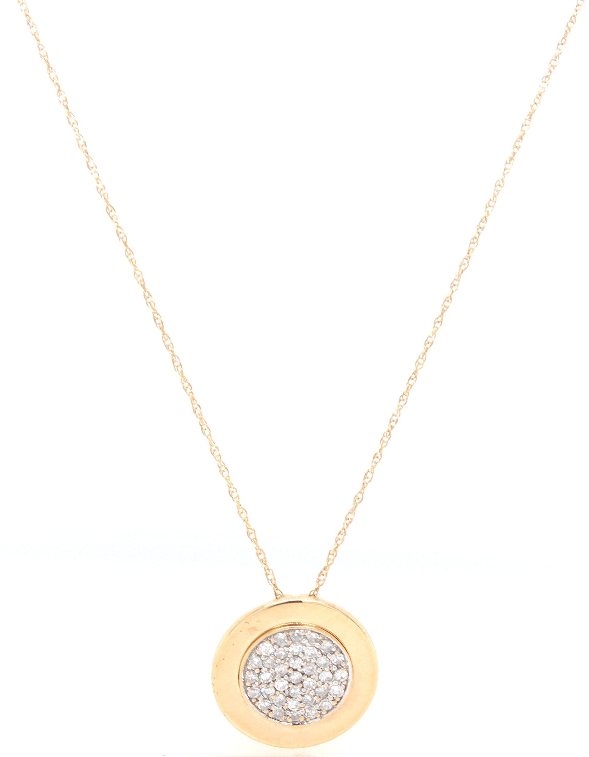 14kt Yellow gold pave diamond disk pendant on chain necklace