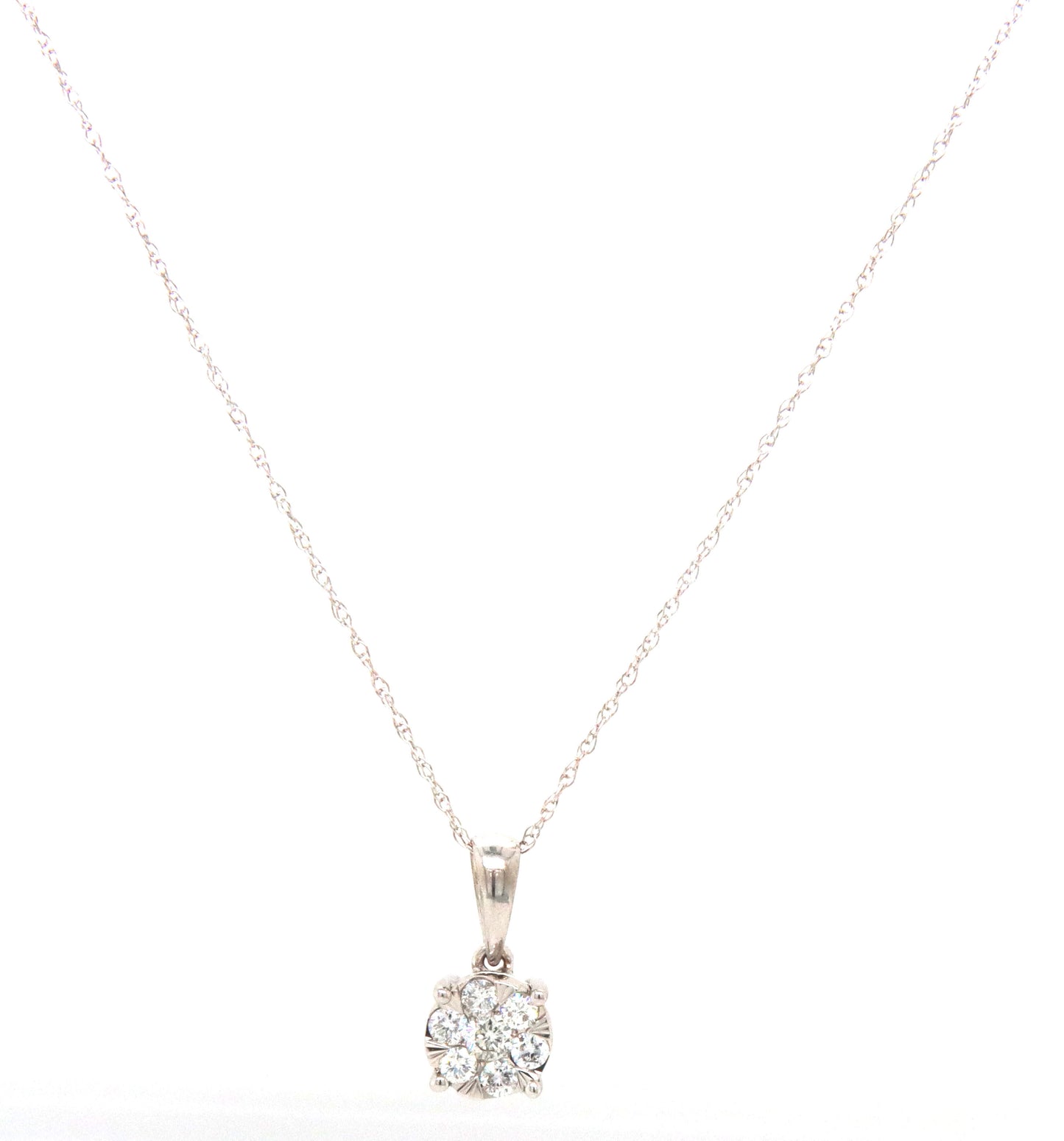 14kt White gold diamond cluster flower pendant on chain