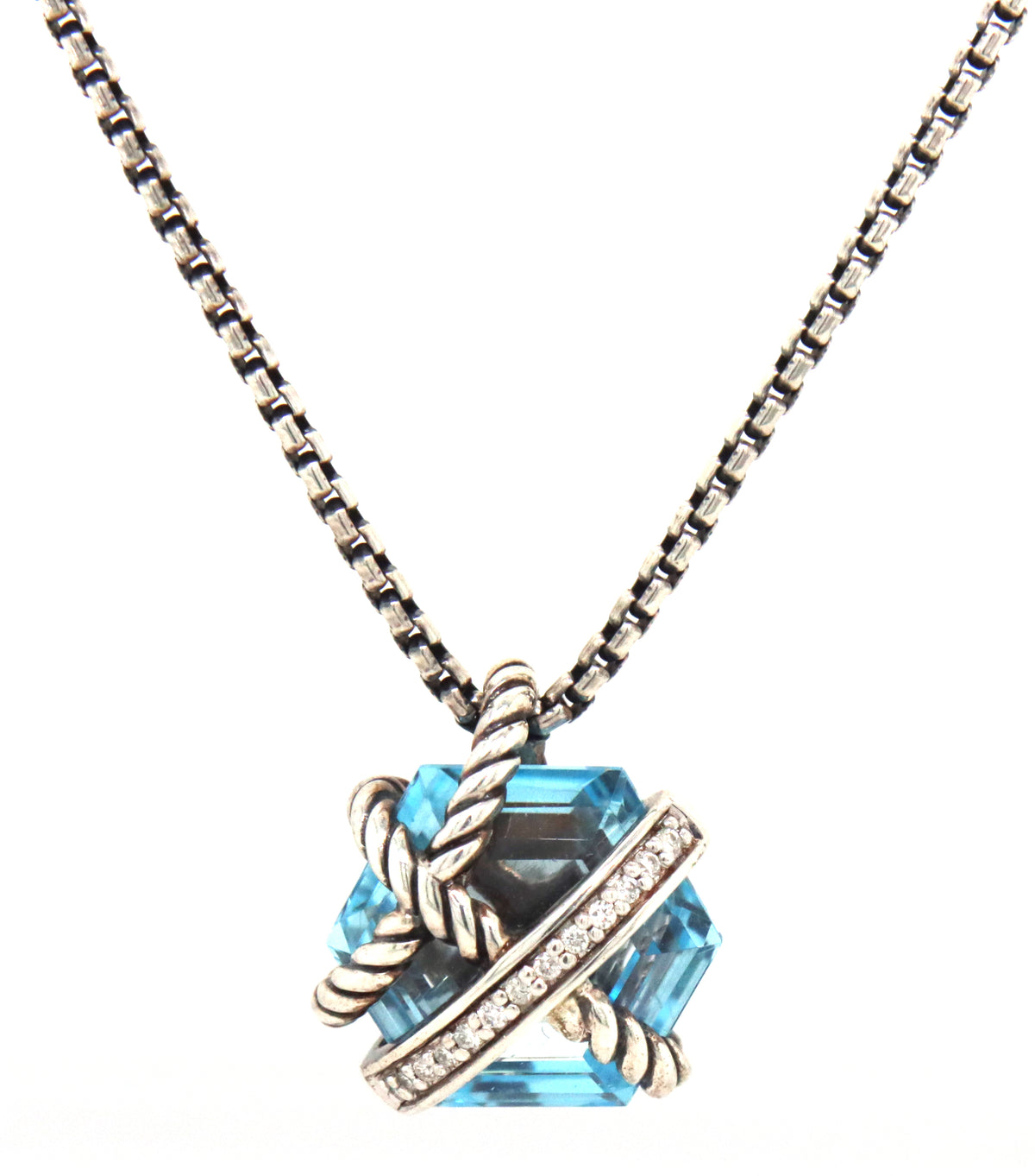 David Yurman cable wrap blue topaz and diamond pendant on adjustable chain