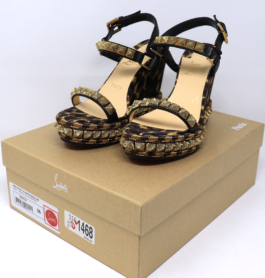 Christian Louboutin Nappa Silk Leopard Pira Ryad 110 Wedge Sandals 36 Black Marron