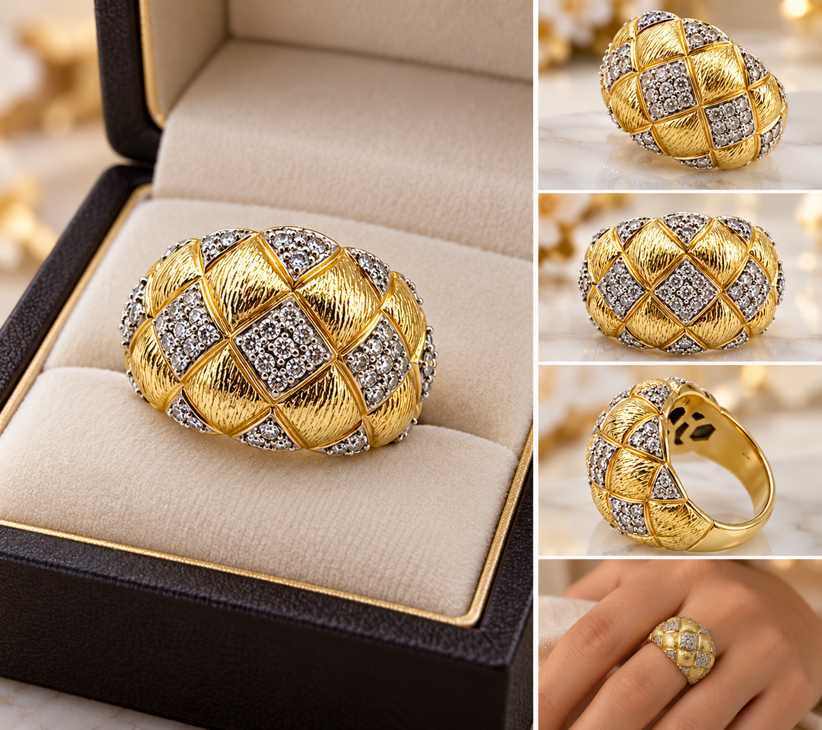 14KT Yellow Gold Quilted Dome Diamond Pave Ring