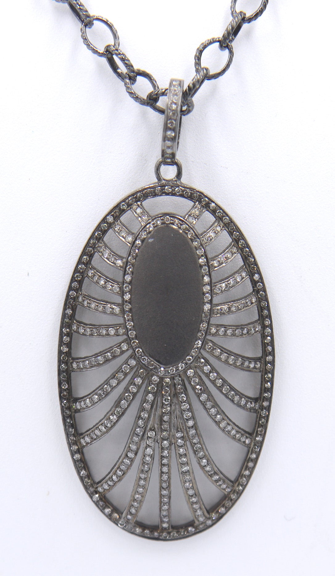 Edgy Oxidized Sterling Silver Openwork Art Deco Style Oval Necklace