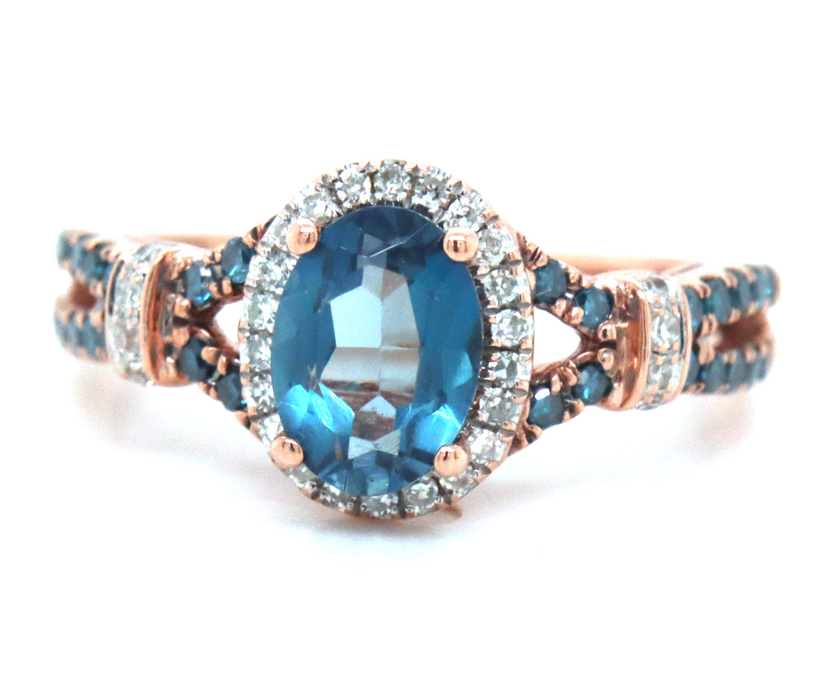 10kt Rose gold oval topaz, IR blue diamond and white diamond double halo ring