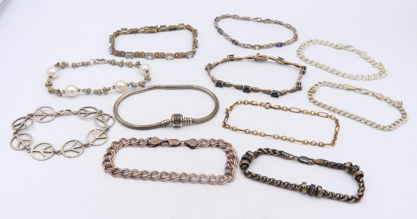 Group Lot of 11 Vintage 925 Sterling Silver Bracelets