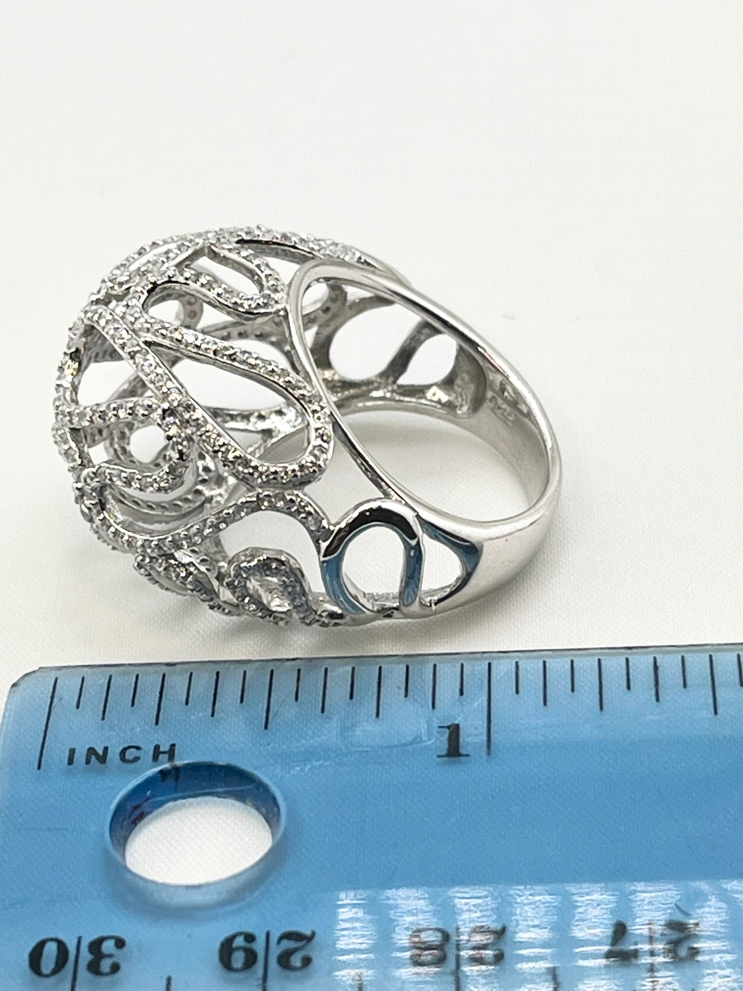 925 Sterling Silver Open Work Crystal pave Wave Scroll Motifs Ring