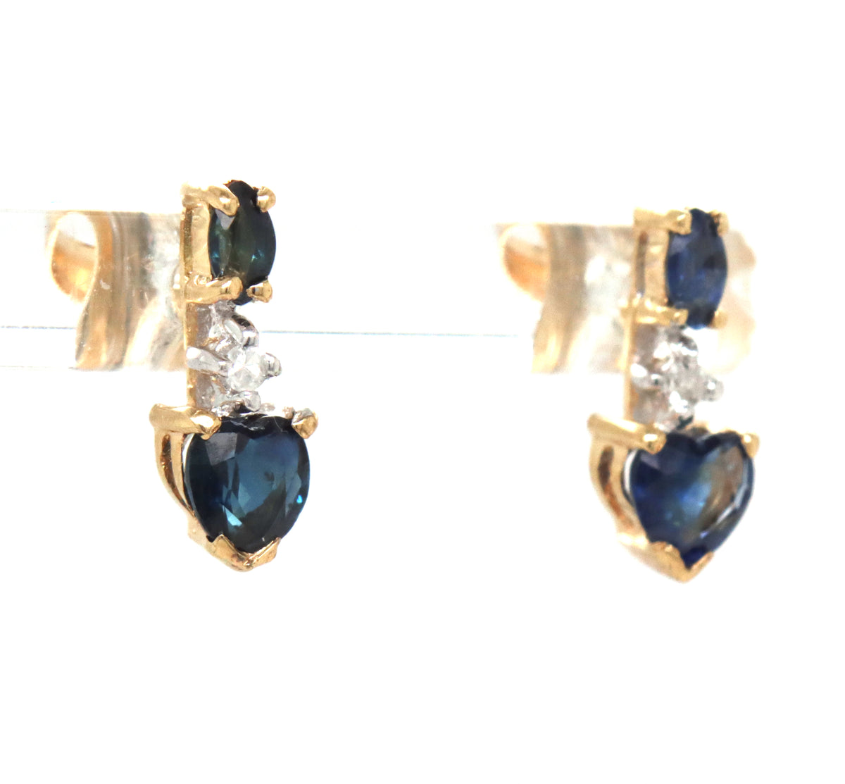 14kt Yellow gold marquise and heart shaped sapphire and diamond stud